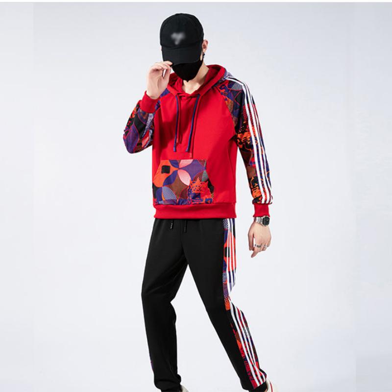 Spring Sweater Suit A Complete Set of Double Hat Rope Black and Red Sports Suit Purple Stitching Pattern Casual Suit Men