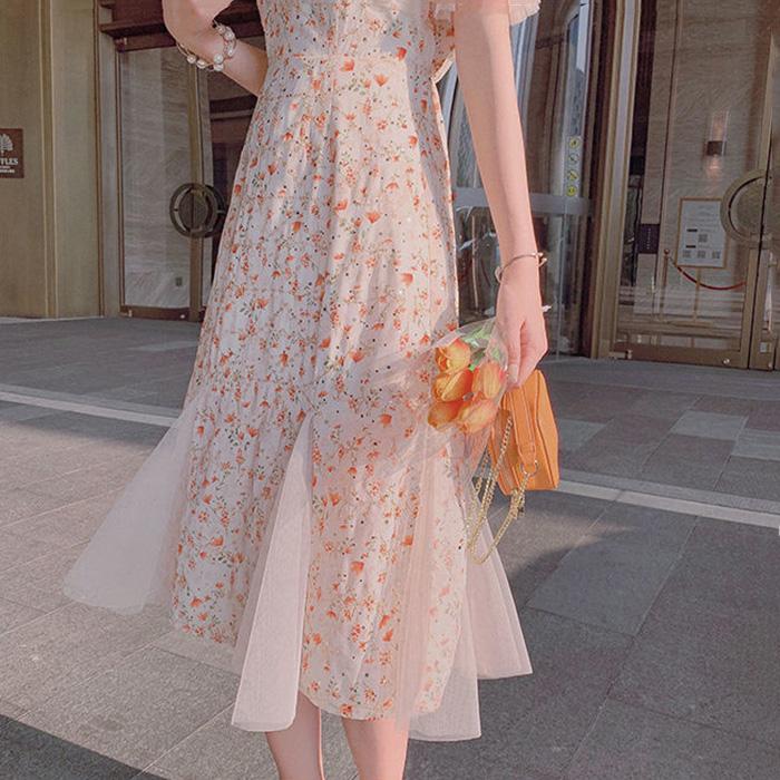 Net Yarn Splicing Floral Short Sleeve Mermaid Skirt  Women's Summer Dress Printing Knee-length Daily Wear Office Dating Party
