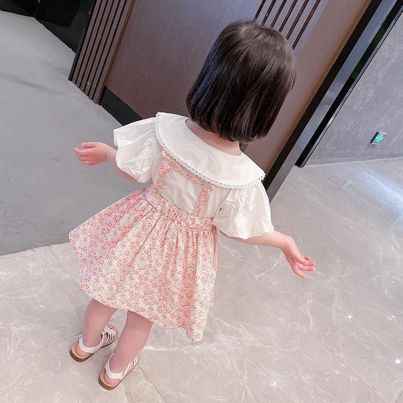 2PCS Children Clothing Set Spring Summer Girls Suits Broken Flowers Short Sleeve Tops + Braces Skirt Clothing Set