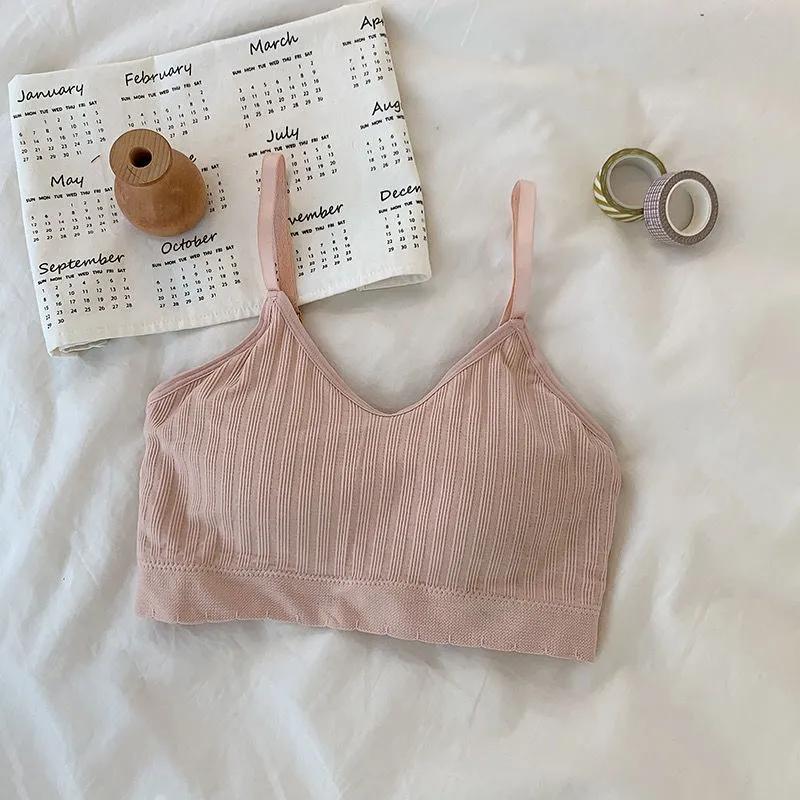 Ladies No Steel Ring Gathered Underwear Female Students Korean Version Camisole Tube Top with Chest Pad  Brassieres Breathable Comfortable Solid Bra