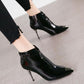 Female Autumn and Winter High Heels PU Upper Metal Decoration Pure Color Stiletto Pointed Toe Boots