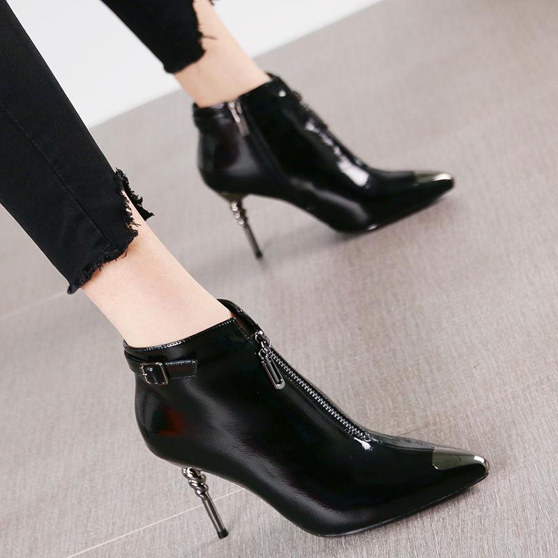 Female Autumn and Winter High Heels PU Upper Metal Decoration Pure Color Stiletto Pointed Toe Boots