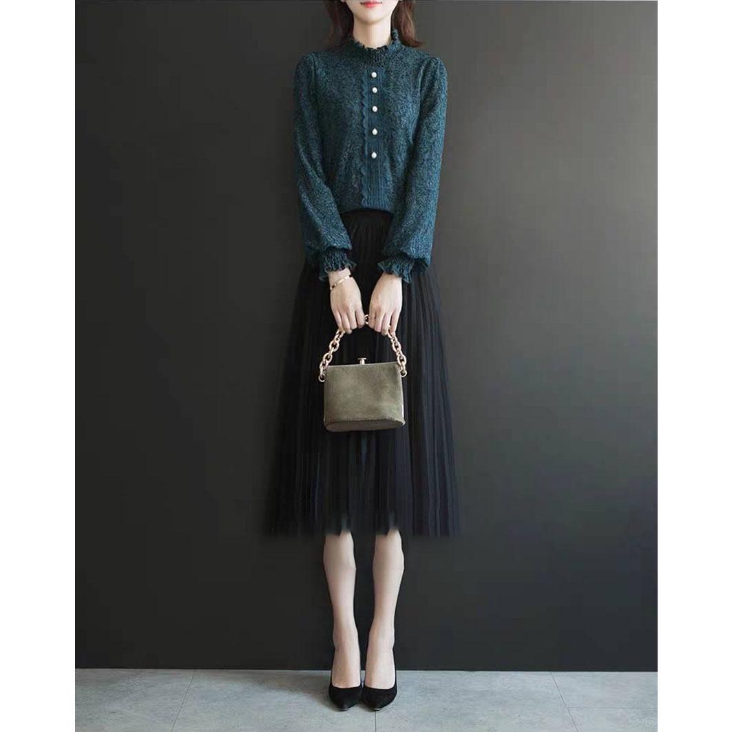Pink Thick Shirt Wild Lace Bottoming Shirt Women's Inner Mesh Collar Blue Crochet Lace Shirts