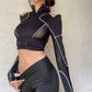 Goth Dark Techwear Grunge Black Buckle Patchwork T-shirts Women Punk Sexy Open Shoulder Skinny Cropped Tops Hip Hop Streetwear