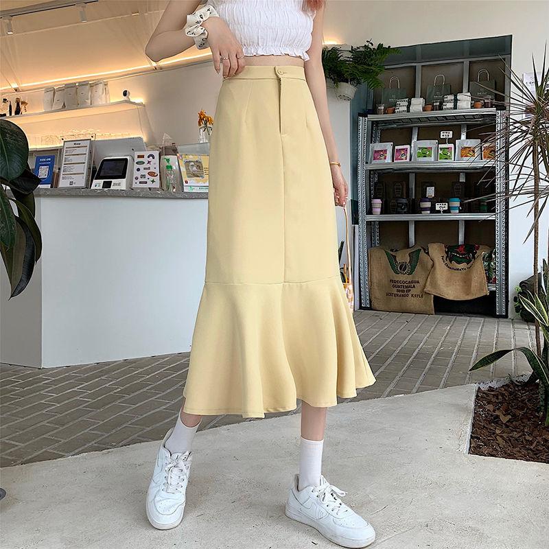 Ruffled Skirt Women's Summer High Waist Slim Mid-length A-line Skirt Solid Color Irregular Edge Fishtail Skirt