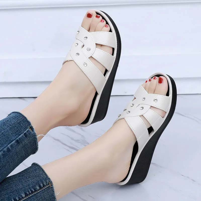 Ladies High Heel Slippers Summer Thick Bottom Home Outdoor Non-slip Slippers Women Summer Shoes Soft Bottom Wedge Heel Rhinestone Sandals