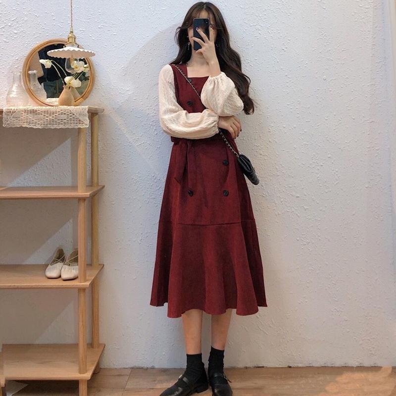 Large Size Dress Spring Dress Waist Waist Was Thin  Fake Two Pieces of Western Style Age-reducing French Retro Long Skirt