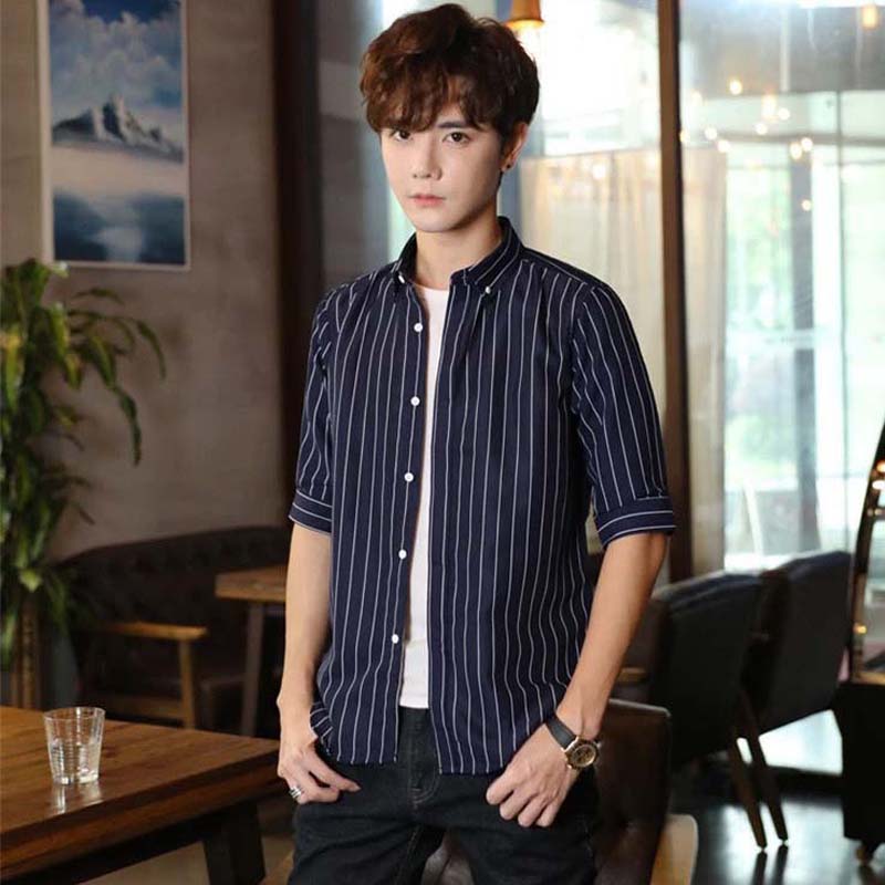 Spring and Summer Men's Mid-sleeve Striped Shirt Young Men's Summer Half-sleeve Casual Shirt