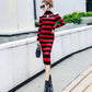 European and American Autumn  Winter Sexy Soff-shoulder Turtleneck Sweater Dress Long Slim Striped Knitted Dress Bottoming Pencil Dress