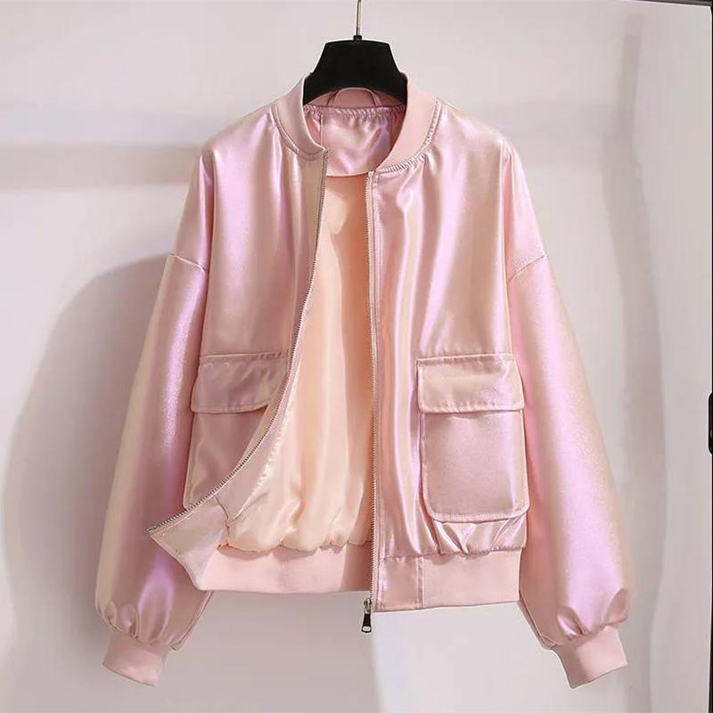 Pink Baseball Uniform Women's Shiny Short Jacket 2021 Spring and Autumn Thin Jacket