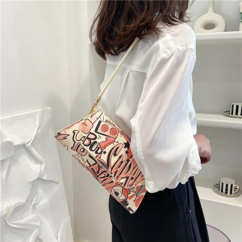 Comic Doodle Pattern PU Leather Armpit Bag for Women Shoulder Handbags Lady Elegant Baguette Bag
