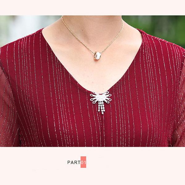XL-XXXXXL Women's Summer Dress Middle-aged Mother Chiffon Veil Short Sleeve V-Neck Printing Mid-length Daily Wear