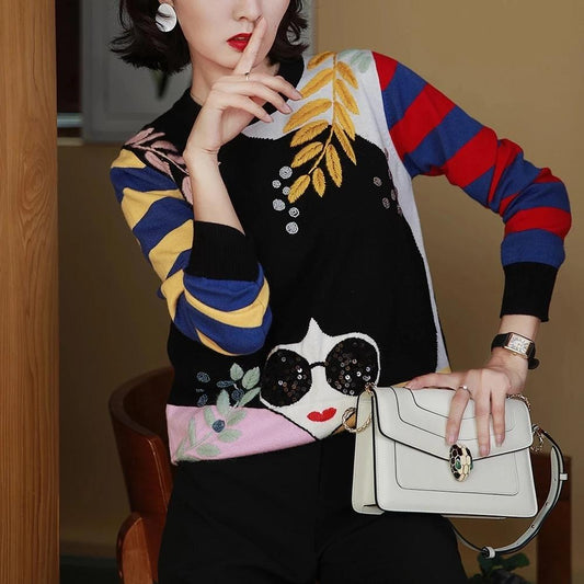 Autumn Winter New Contrast Striped Sleeve Embroidery Leaves Beaded Sequins Sunglasses Girls Knit Sweater