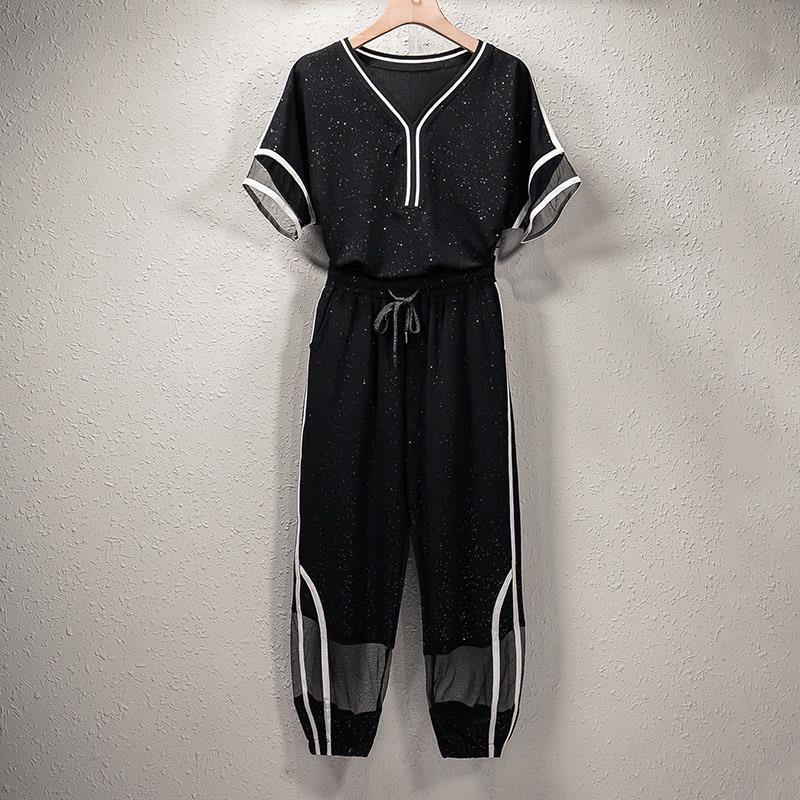 Plus Size Women Summer Casual Suit Summer Loose and Thin Mesh Short-sleeved Shorts Two-piece Suit Sets