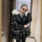 Glossy Laser Down Padded Jacket Women Winter Slim Coat with Large Fur Collar Waist