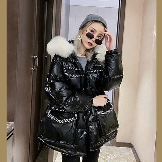 Glossy Laser Down Padded Jacket Women Winter Slim Coat with Large Fur Collar Waist