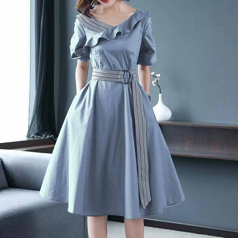 Women Casual Sashes A Line Party Dress Ladies Belt Waist Turn Down Collar OL Style Shirt Dress Summer