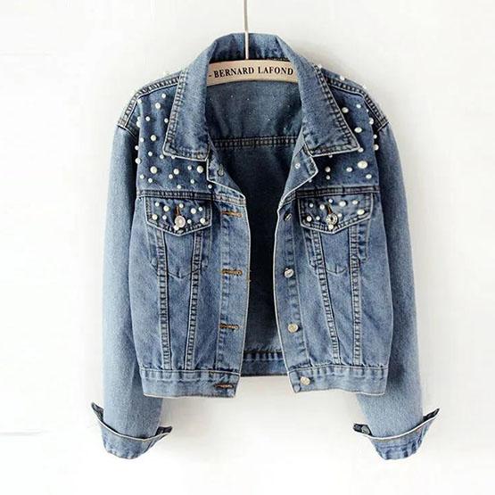 Women's Autumn Large Size Denim Jacket Full Sleeve Loose Button Pearls Short Lapel Casual Denim Coat