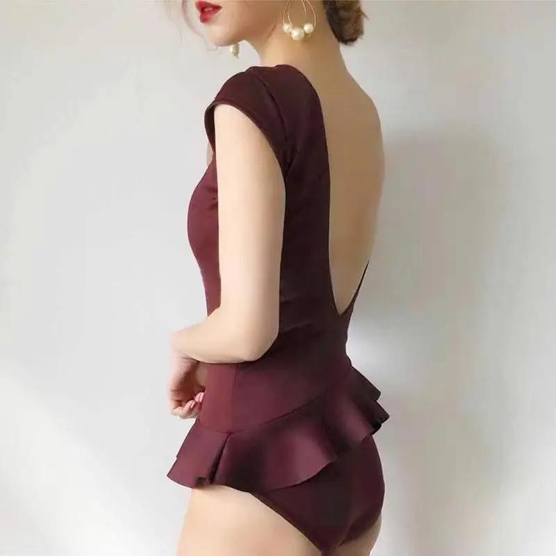 Korean Sexy Backless Triangle One-piece Swimsuit Women Cover Belly Slim Conservative Beach Swimsuit Sleeveless Irregular Hem Bikini Swimwear