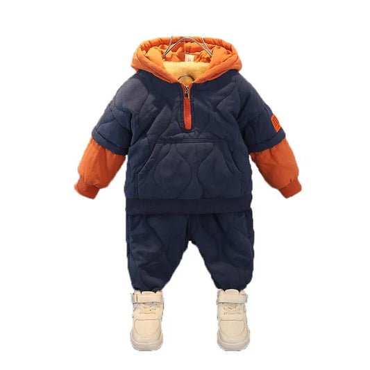Children's Cotton-padded Clothes Suits Children's Winter Plus Velvet Children Clothes Boys' Cotton-padded Clothes Baby Handsome Two-piece Suits