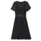 L-5XL Spring Summer Chiffon Dress Large Size V-neck See-through Mesh Short-sleeves Temperament Slim Black Skirt Female Bow Strap A-line Dress