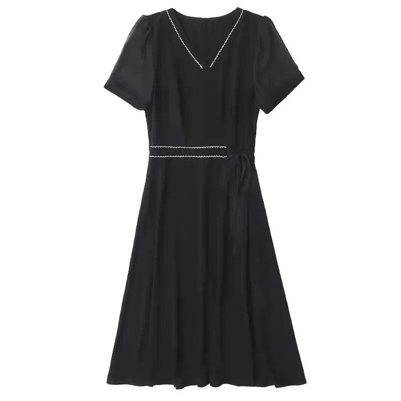L-5XL Spring Summer Chiffon Dress Large Size V-neck See-through Mesh Short-sleeves Temperament Slim Black Skirt Female Bow Strap A-line Dress