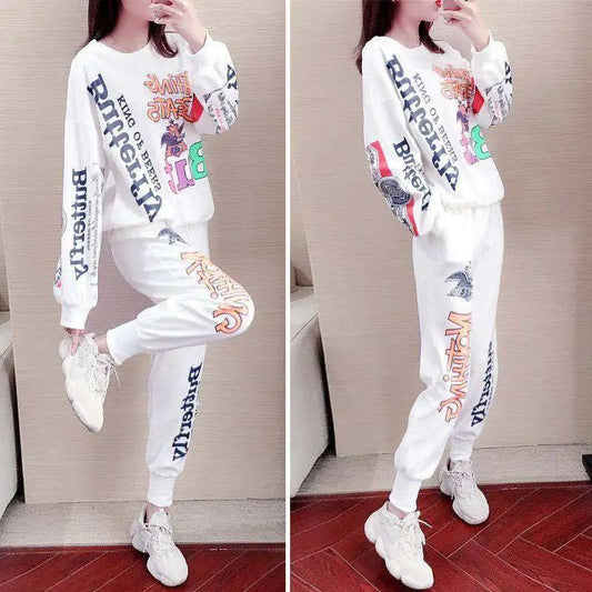 2PCS Women's Spring and Summer Sports Suit Casual Loose Long Sleeve Sweater + Loose Pants Two Pieces Ladies Personality Slimming Print Fitness Suit