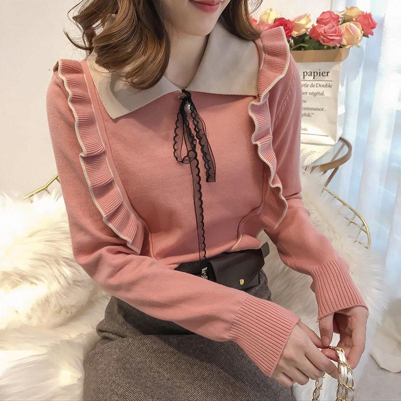 Pofulove sweater women's new Korean sweater loose lapel autumn and winter fungus sweet college style