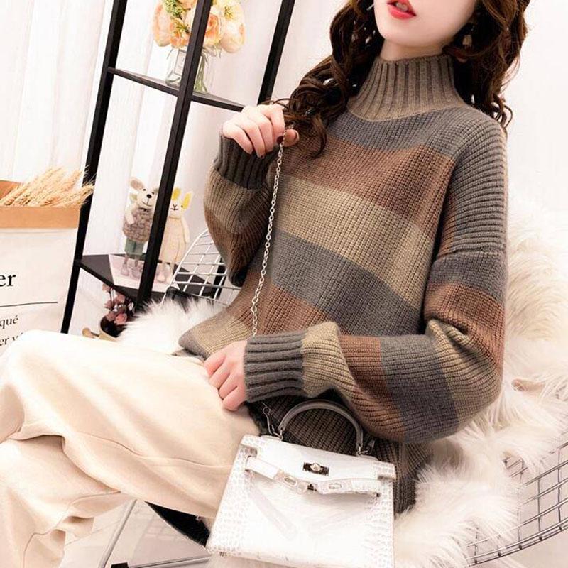 Women's Striped Turtleneck Sweater Long Sleeves Loose Mid-length Pullover Sweater Jumper