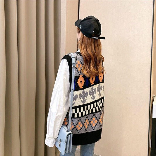 College Style Autumn and Winter V-neck Knitted Vest Women Spring and Autumn Loose Sleeveless Sweater Casual Color Matching Student Waistcoat