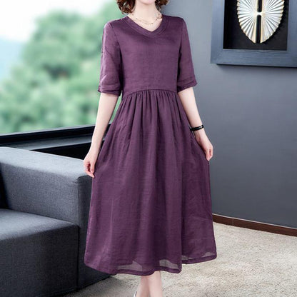 Violet Print Back Cotton and Linen Dress Women Spring and Summer V-neck  1/2 Sleeve Ethnic Style Solid Color Large Size Dress