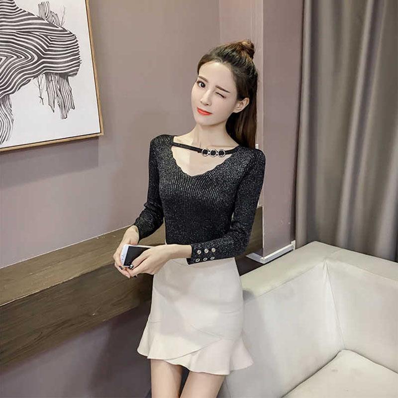 Pofulove Women's Autumn Winter Slim Long Sleeve Tight Short V-neck Sweater Bright Silk Pullover Tops