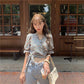 Puff Sleeve Floral Short-sleeved Chiffon Shirt Women's Summer Korean Design High-waist Short Top