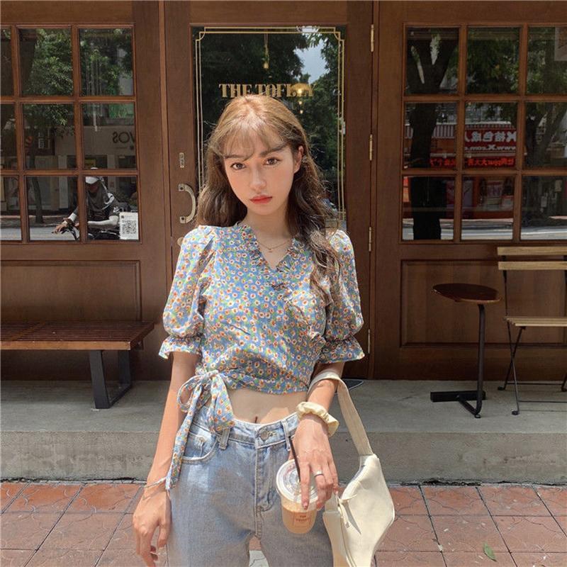 Puff Sleeve Floral Short-sleeved Chiffon Shirt Women's Summer Korean Design High-waist Short Top