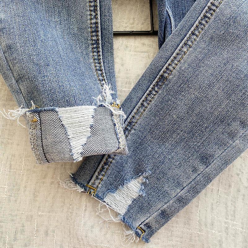 Women's Spring Jeans High-waisted Feet Tight-fitting Holes Look Thin Stretch Slim Pencil Pants Trend
