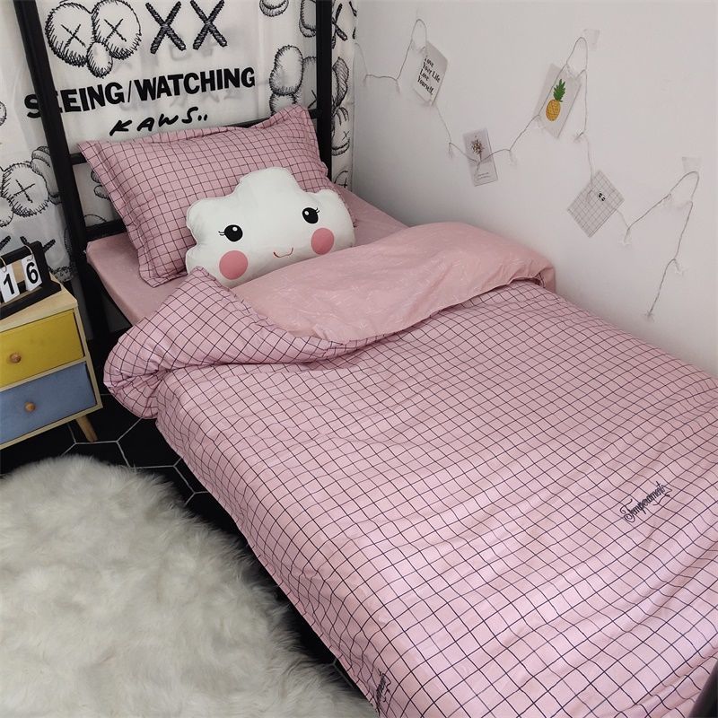 Three-piece Bed Set 1.2m Dormitory Bed Sheet Quilt Cover Pillowcase Set Bedding Striped Plaid Cute Style