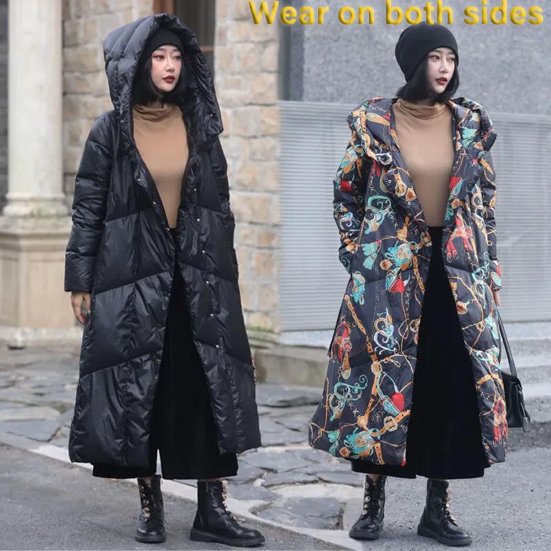 Long Down Jacket Fashion Literary Print Hooded Cotton Jacket Lengthened Thick Loose Plus Size Windbreaker Jacket