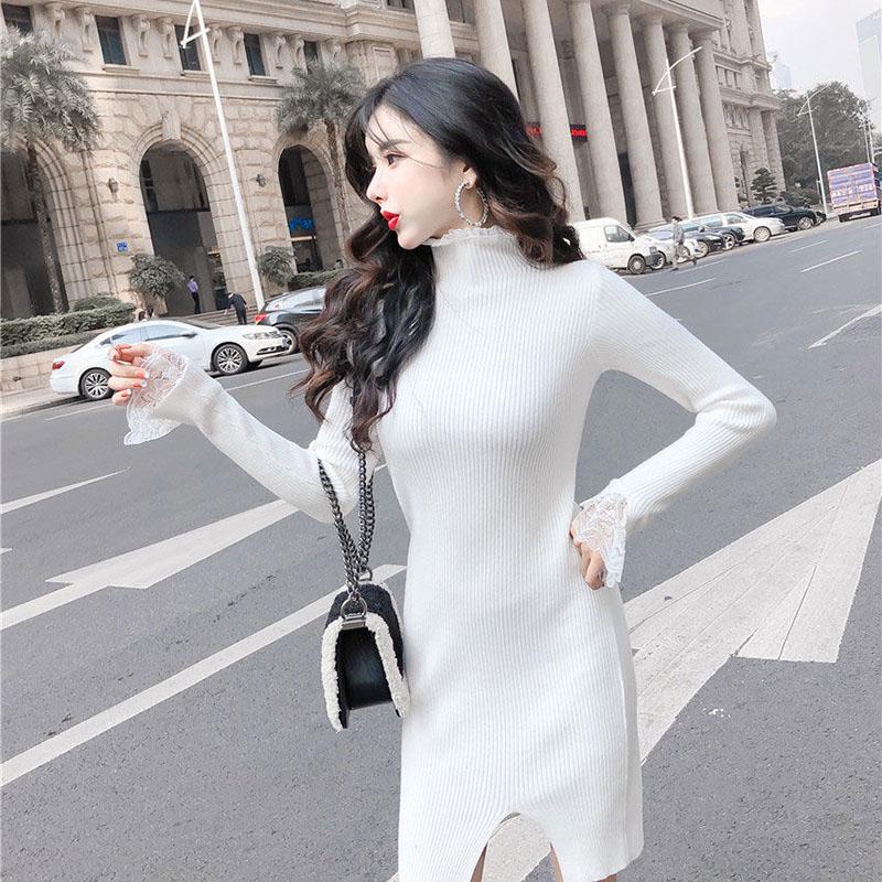 Knitted Sexy Bag Hip Sweater Autumn and Winter Fashion Bottoming Shirt Mid-length Lace Female Dress