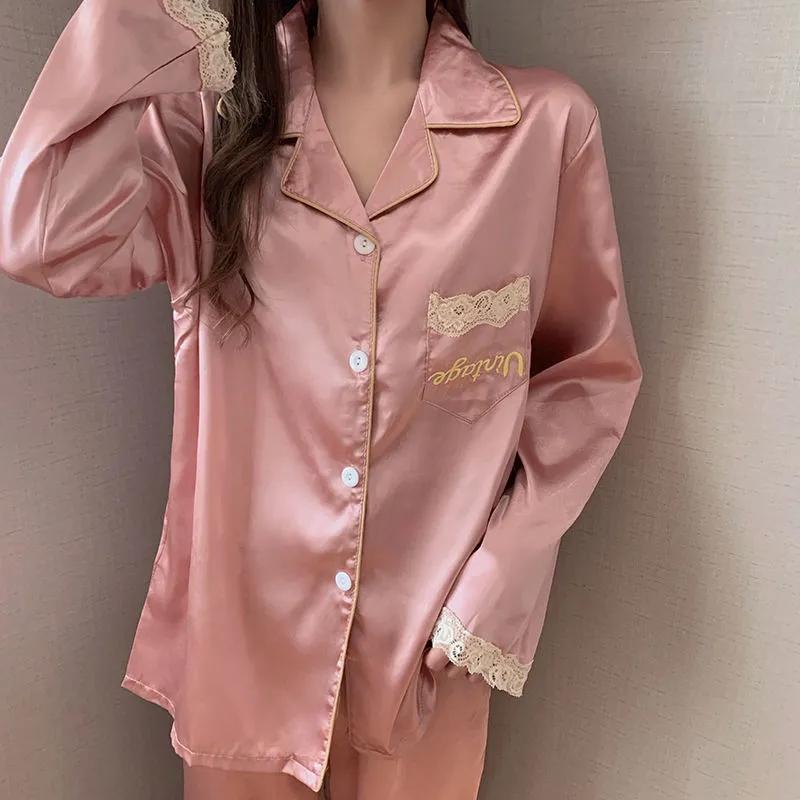 Women's Spring Autumn Long-sleeved Pajamas Set Thin Ice Silk Embroidered Homewear Sexy Simulation Silk Casual Suit Outer Wear Pyjamas Sleeping Suit