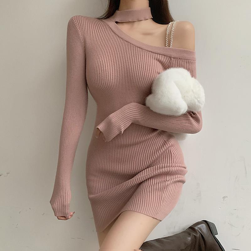 Knitted Dress Women's Bottoming Dress Bag Hip Skirt with Temperament Slim Sexy Strapless Long-sleeved Bottoming Skirt