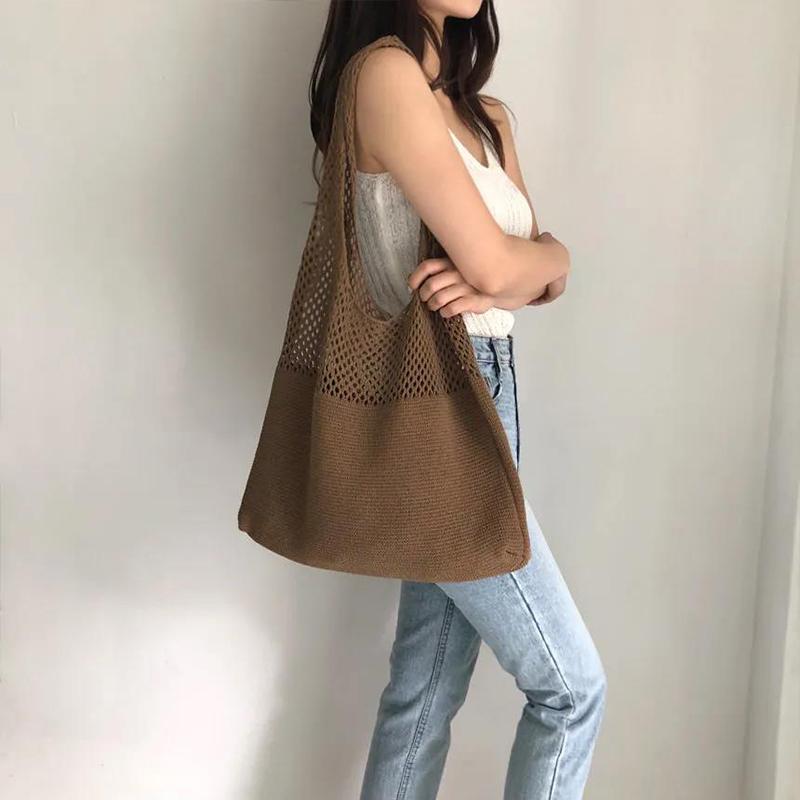 Women Casual Hollow Woven Shoulder Bag Knitted Handbags Large Capacity Vintage Tote Bags