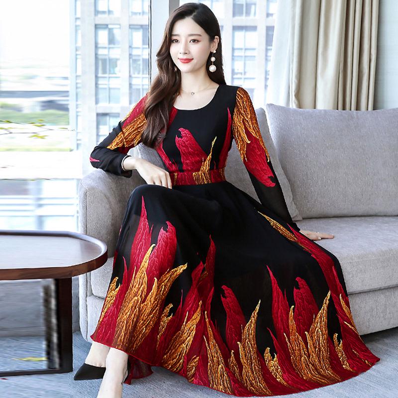 Women's Floral Skirt Printed Chiffon Dress Female Spring and Autumn Slim Beach Dress Long Skirt