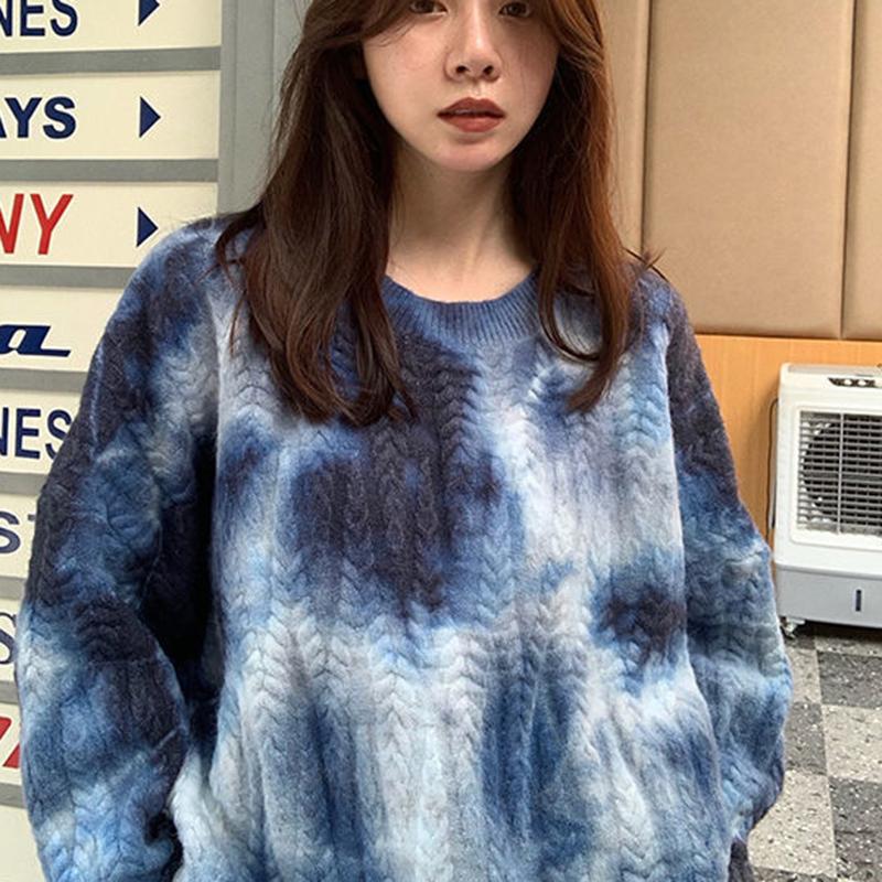 Tie-dye Sweater Women Autumn  Winter Wear Long-sleeved Loose Retro Twist Pullover Sweater Thick Top