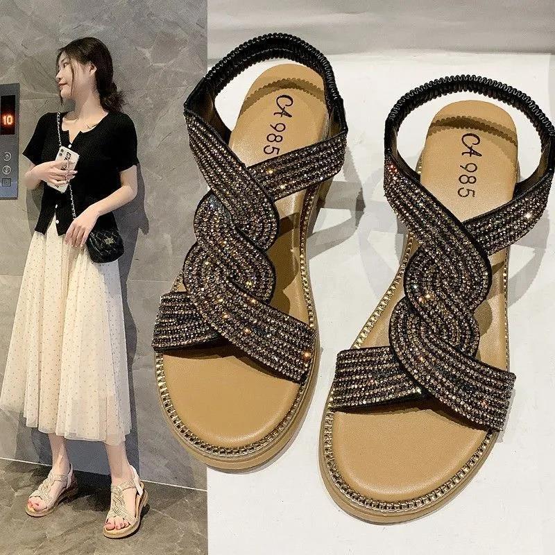 Wedge Sandals Women's Shoes Summer Soft Leather Rhinestones Comfortable Soft Bottom Low-heeled All-match Women's Flat Shoes