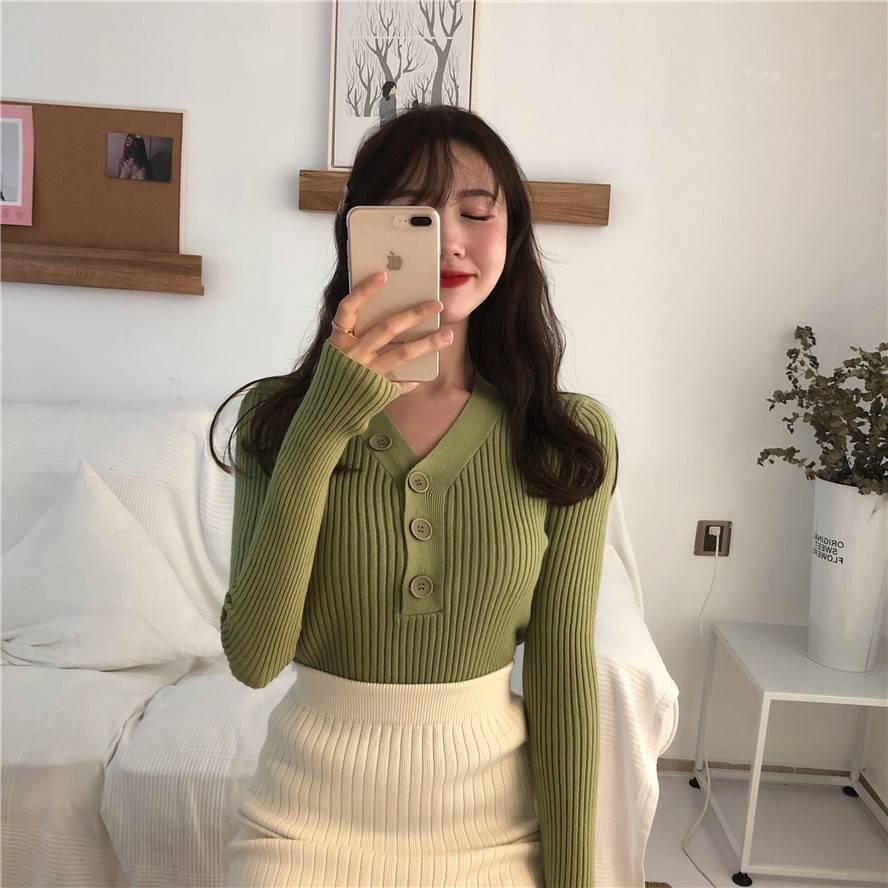 Pofulove Girly V- Neck Button Pullover Long Sleeve Sweater Women Solid Color Slim Waist Knitwear