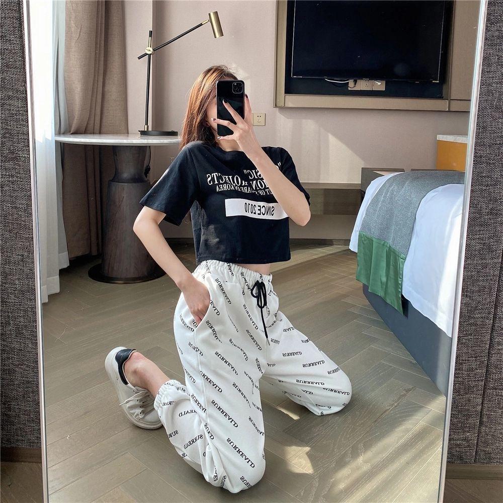 High Waist Slimming Straight Loose Thin Harem Pants Letter Sports Chiffon Pants Women Summer