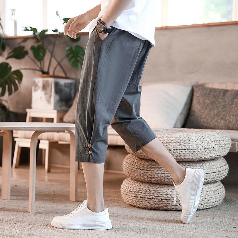 Men's Cropped Trousers Summer Thin Cotton and Linen Casual Loose Loose Cropped Shorts