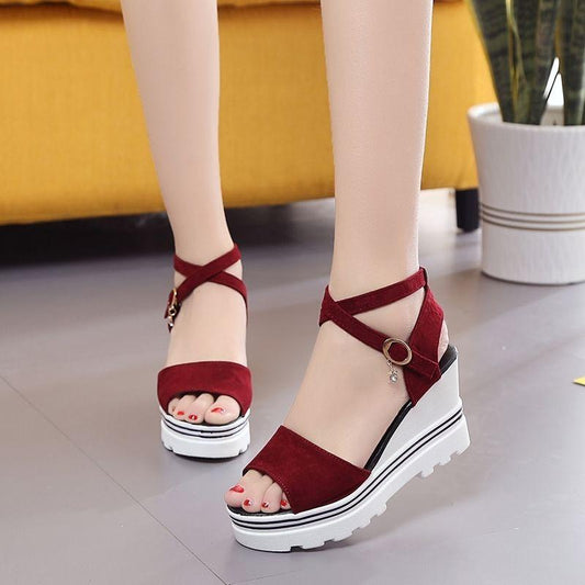 Summer Korean Wedge High-heeled Roman Shoes Women's Thick-soled Sandals Cross Platform Shoes Outdoor Comfortable Sandals