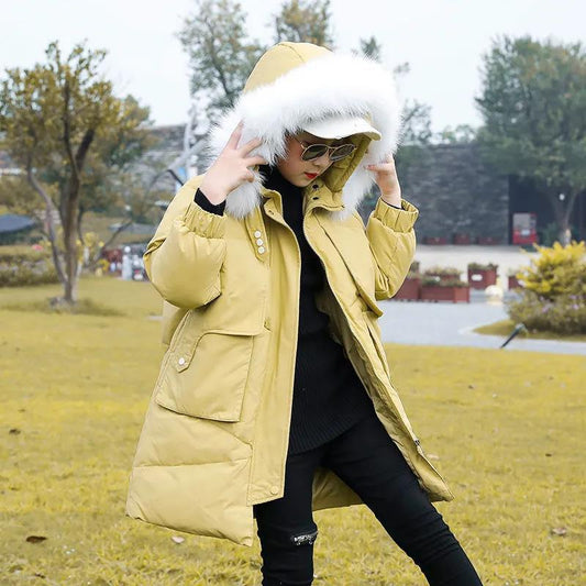 Girls' Hooded Down Jacket Mid-length Thick Padded Jacket Children's Winter Warm Jacket