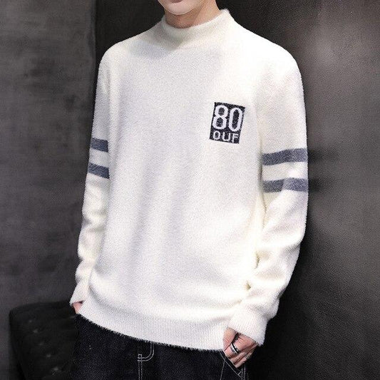 Mens Sweater Autumn and Winter Men's Casual Warm Imitation Mink Sweater Trend Fashion Long-sleeved Slim Knit Sweater